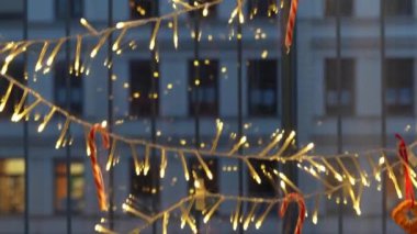 Noel çelenkleriyle süslenmiş şekerler, lolipoplar, cam camlarda portakallar, Noel ağacı şeklinde