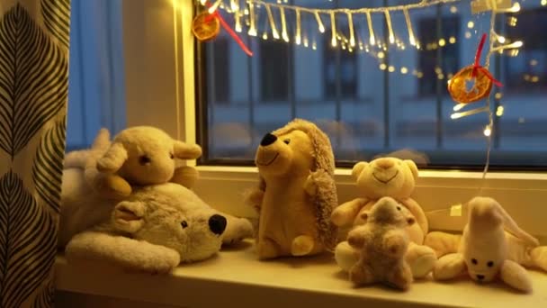 儿童玩具 用柔软的面料制成 放在靠近花环的窗台上 灯火通明 用干橙和甜糖果装饰 窗玻璃上的反光和模糊 晚上好 — 图库视频影像