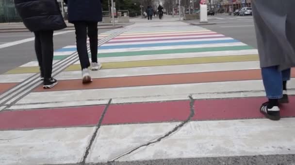 Gyalogosok Lassú Mozgása Egy Gyalogos Átkelőhelyen Téli Szezon Európai Városi — Stock videók