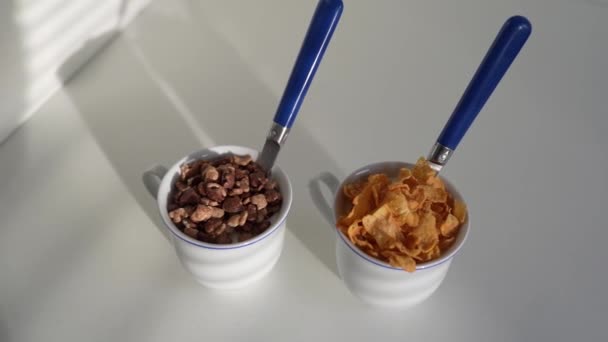 朝食のためのオートミール甘いシリアルとヨーグルトで満たされたスプーンが付いている2つのカップ — ストック動画