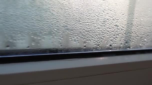 Krople Skraplania Wody Szklane Okna Metalowo Plastikowe Wewnątrz — Wideo stockowe