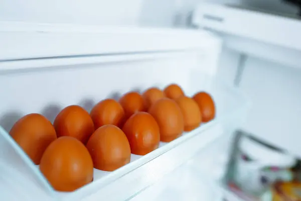 Fresh Chicken Eggs Brown Hawker Tray Refrigerator Shelf Royalty Free Stock Photos