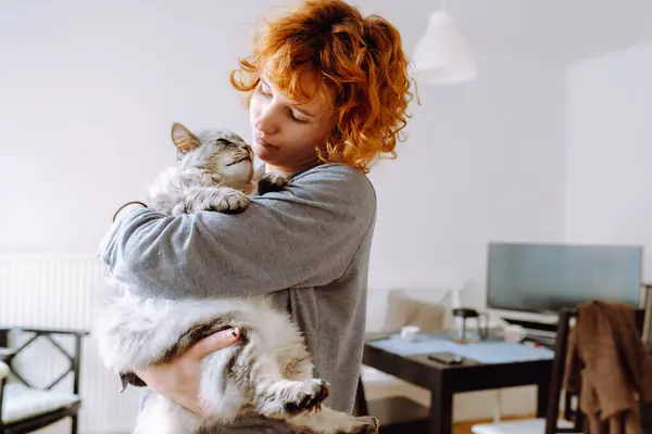 funny red-haired teenage girl holds pet in arms, hugs and kisses purring Maine Coon cat. Friendship between pet and its owner, Cat Moms
