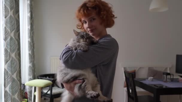 Komik Kızıl Saçlı Genç Kız Kollarında Evcil Hayvan Tutuyor Sarılıyor — Stok video