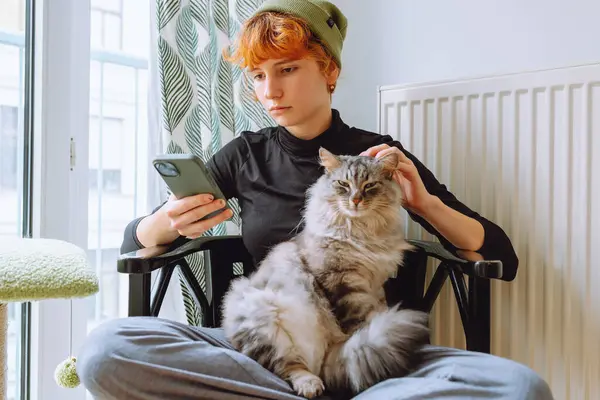 teenage girl sits on chair by window, wearing hat, holding domestic cat with mustache, using phone comfortably.