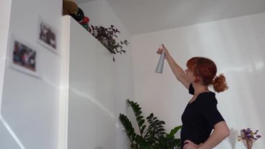 Genç bir kadın saksıdaki çiçekleri çiçek için sprey şişesinden püskürtüyor. Çiçek saksısında bitkilerle dolu bir ev.