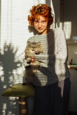 Kızıl saçlı kıvırcık kadın portresi, ev mutfağında, kollarında evcil gri tüylü kedi, güneş ışınları ve gölge, parlak güneş ışığı