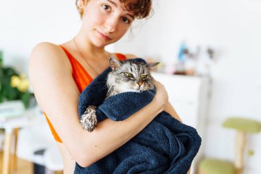 Genç kadınların kollarına sarılı ıslak, tüylü, evcil kedi. Bakım, hayvan bakımı.