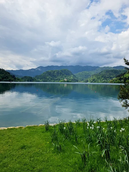 Vista Panorámica Paisaje Con Lago Bled Eslovenia Montañas Los Alpes — Foto de Stock