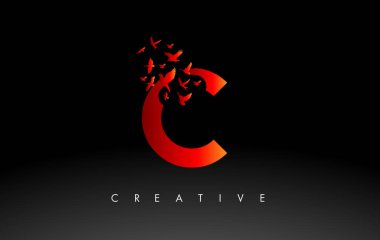 Kırmızı C Logosu Mektupla Uçan ve Parçalanan Kuş Sürüsü. 