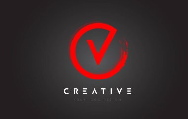 Red V Circular Letter Logo with Circle Brush Design and Black Background.
