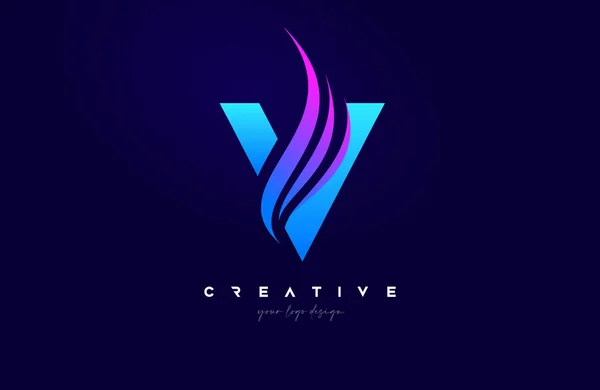 個人的またはビジネスベクトルベクターイラストのためのブルーピンク色の創造的なSwooshの形をした手紙V Swooshアルファベットのロゴデザイン — ストックベクタ