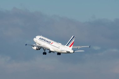 Zurich, Switzerland, January 19, 2023 Air France Airbus A319-111 aircraft is taking off from runway 28
