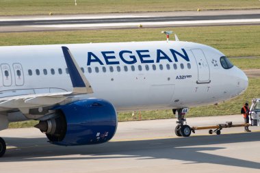 Zurich, Switzerland, January 19, 2023 Aegean Airbus A321-271NX Neo aircraft on the way to its take off position
