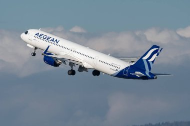 Zurich, Switzerland, January 19, 2023 Aegean Airbus A321-271NX Neo is taking off from runway 28