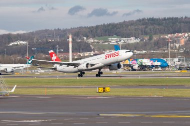 Zurich, Switzerland, January 19, 2023 Swiss international airlines Airbus A330-343 aircraft is taking off from runway 16