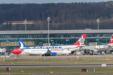 Zurich, Switzerland, January 19, 2023 Anadolu jet Boeing 737-8F2 aircraft is taxiing to its position