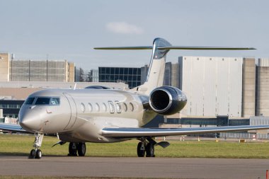 Zurich, Switzerland, January 19, 2023 Gulfstream G650 business aircraft is parking on the apron during the world economic forum in Davos