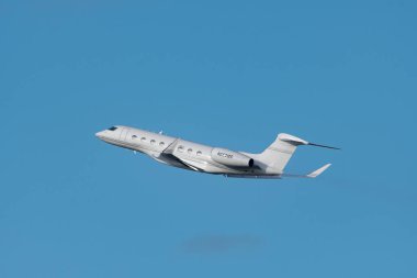 Zurich, Switzerland, January 19, 2023 Gulfstream G650 business aircraft is taking off from runway 28