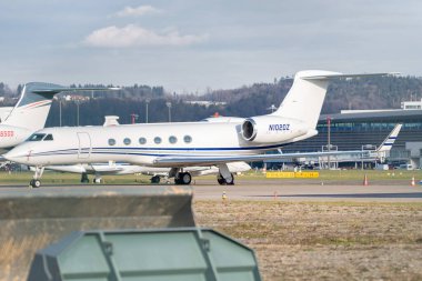 Zurich, Switzerland, January 19, 2023 Gulfstream V business aircraft is parking on the apron during the world economic forum in Davos