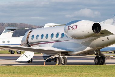 Zurich, Switzerland, January 19, 2023 Gulfstream G650-ER business aircraft is parking on the apron during the world economic forum in Davos