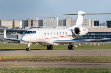 Zurich, Switzerland, January 19, 2023 Gulfstream G650-ER business aircraft is parking on the apron during the world economic forum in Davos