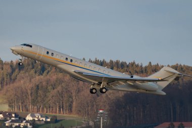 Zurich, Switzerland, January 19, 2023 Bombardier Global 7500 business aircraft is taking off from runway 28
