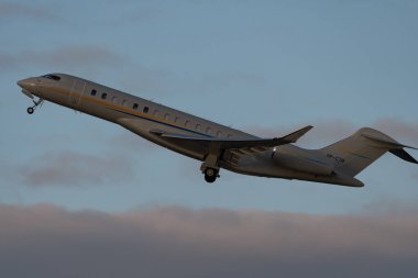 Zurich, Switzerland, January 19, 2023 Bombardier Global 7500 business aircraft is taking off from runway 28