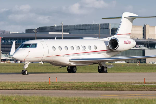 Zurich, Switzerland, January 19, 2023 Gulfstream G650-ER business aircraft is parking on the apron during the world economic forum in Davos