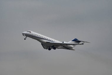 Zurich, Switzerland, January 20, 2023 Bombardier Global 6000 business aircraft departing from runway 28 after the world economic forum in Davos