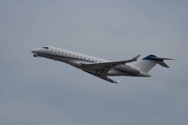Zurich, Switzerland, January 20, 2023 Bombardier Global 6000 business aircraft departing from runway 28 after the world economic forum in Davos