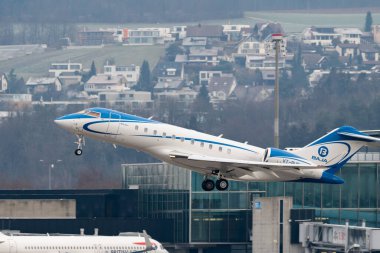 Zurich, Switzerland, January 20, 2023 Bombardier Global 5000 business aircraft departing from runway 28 after the world economic forum in Davos