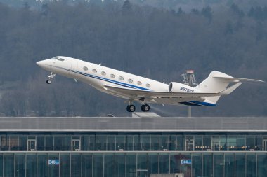 Zurich, Switzerland, January 20, 2023 Gulfstream G650-ER business aircraft takeoff from runway 28 after the world economic forum in Davos