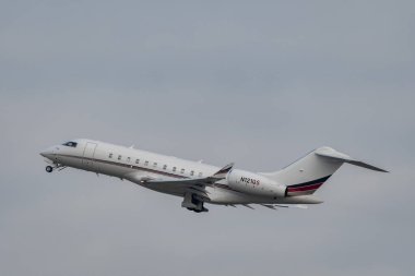 Zurich, Switzerland, January 20, 2023 Bombardier Global 6500 business aircraft takeoff from runway 28 after the world economic forum in Davos