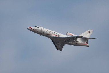 Zurich, Switzerland, January 20, 2023 Dessault Falcon 50EX business aircraft is departing from runway 28 after the world economic forum in Davos