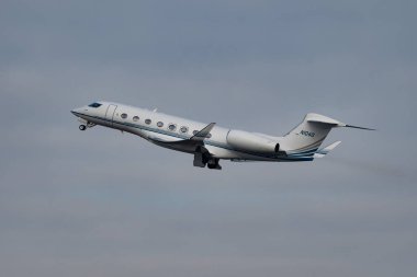 Zurich, Switzerland, January 20, 2023 Gulfstream G650 business aircraft taking off from runway 28 after the world economic forum in Davos