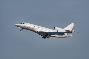 Zurich, Switzerland, January 20, 2023 Dessault Falcon 8X business aircraft taking off from runway 28 after the world economic forum in Davos