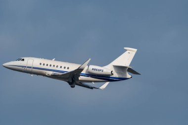 Zurich, Switzerland, January 20, 2023 Dessault Falcon 2000LX business aircraft takeoff from runway 28 after the world economic forum in Davos