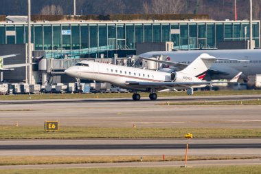 Zurich, Switzerland, January 20, 2023 Bombardier Global 5000 business aircraft is taking off from runway 28 after the world economic forum in Davos
