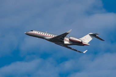 Zurich, Switzerland, January 20, 2023 Bombardier Global 6000 business aircraft takeoff from runway 28 after the world economic forum in Davos