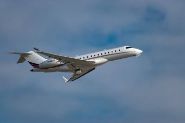 Zurich, Switzerland, January 20, 2023 Bombardier Global 6000 business aircraft is taking off from runway 16 after the world economic forum in Davos