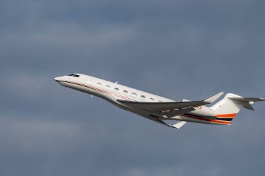 Zurich, Switzerland, January 20, 2023 Gulfstream G650 business aircraft takeoff from runway 28 after the world economic forum in Davos