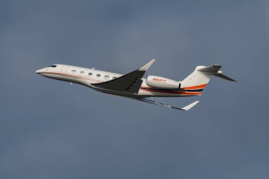 Zurich, Switzerland, January 20, 2023 Gulfstream G650 business aircraft takeoff from runway 28 after the world economic forum in Davos