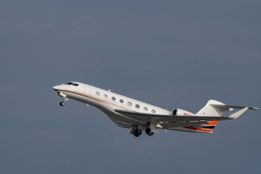 Zurich, Switzerland, January 20, 2023 Gulfstream G650 business aircraft takeoff from runway 28 after the world economic forum in Davos