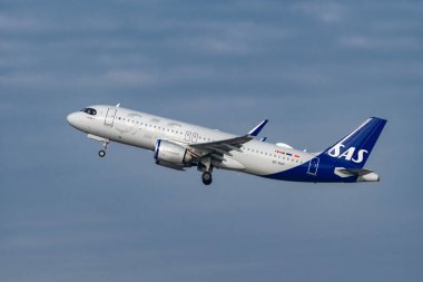 Zurich, Switzerland, January 20,2023 SAS Scandinavian airlines Airbus A320-251N takeoff from runway 28