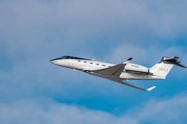 Zurich, Switzerland, January 20,2023 Gulfstream GVII-G500 business aircraft takeoff from runway 28 after the world economic forum in Davos