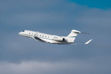Zurich, Switzerland, January 20,2023 Gulfstream G650-ER business aircraft takeoff from runway 28 after the world economic forum in Davos