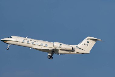 Zurich, Switzerland, January 20,2023 Pakistan Air Force Gulfstream G450 business aircraft is departing from runway 28 after the world economic forum in Davos