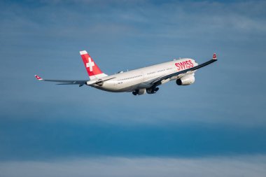 Zurich, Switzerland, January 20,2023 Swiss international airlines Airbus A330-343 aircraft takeoff from runway 16