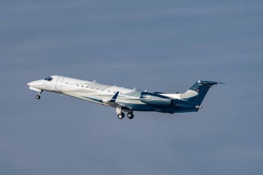 Zurich, Switzerland, January 20,2023 Embraer Legacy 650 business aircraft takeoff from runway 28 after the world economic forum in Davos